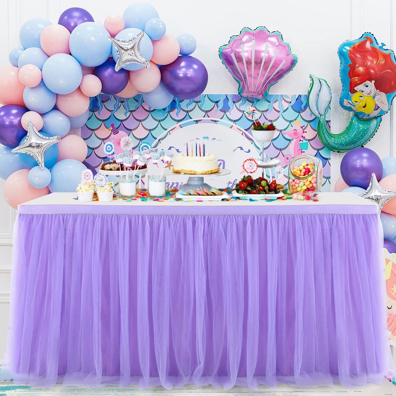 Suppromo Purple Tulle Table Skirt Baby Shower Table Cloth for Rectangle Tables or Round Tables Purple Tutu Table Skirt for Girls Mermaid Elephant Butterfly Birthday Party Cake Dessert Decorations - Image 3